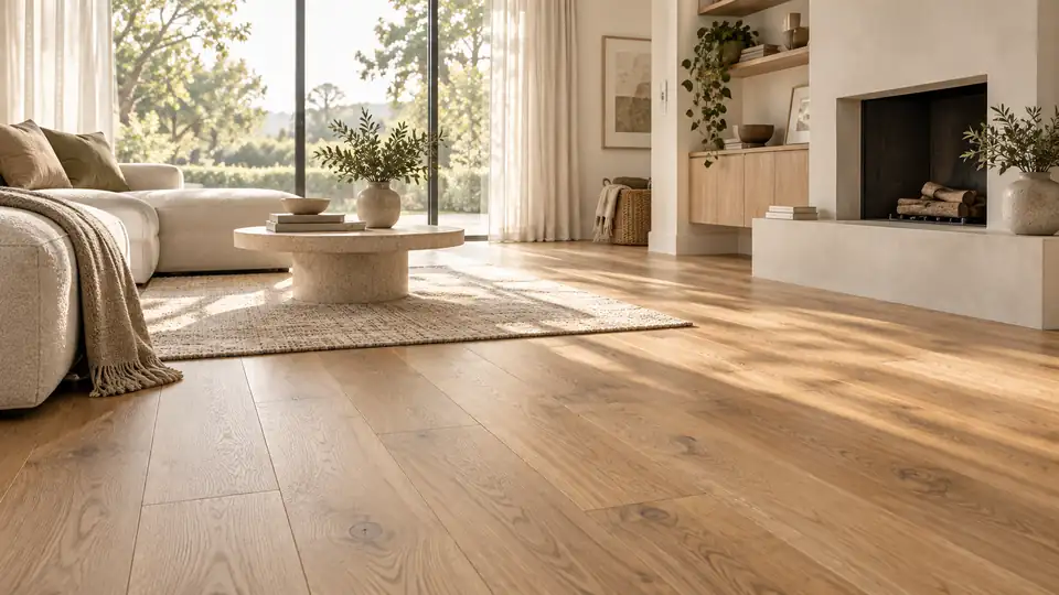 Warm natural oak flooring in a bright, calm contemporary home
