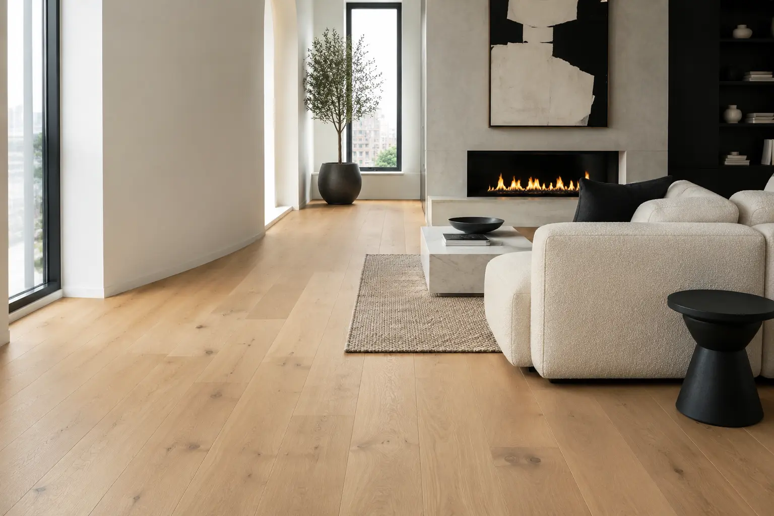 Warm oak flooring in a quiet contemporary living room