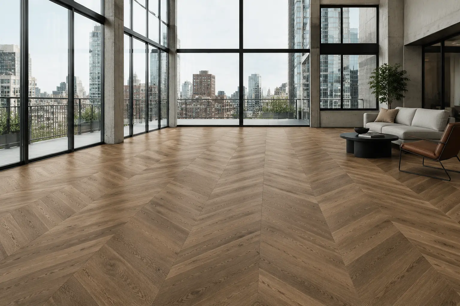 Modern room with pale chevron oak flooring